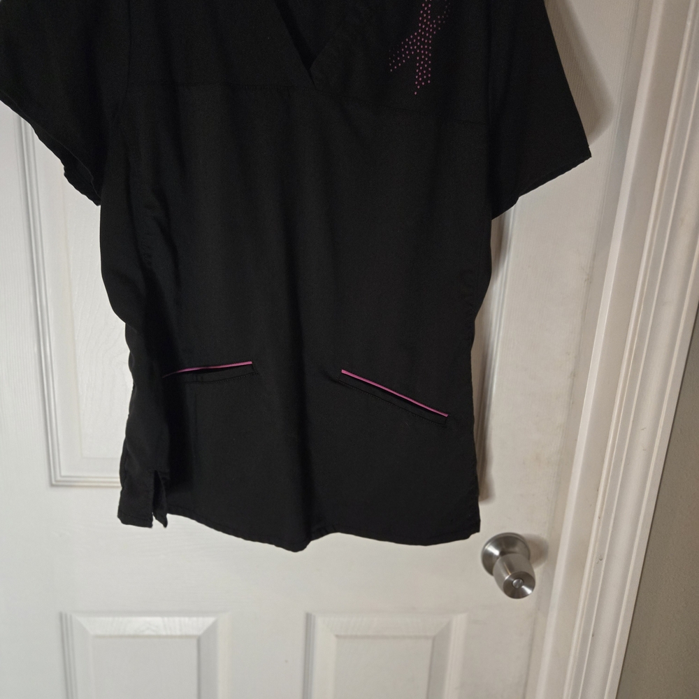 Healing Hands Black Scrub Top with Pink Breast Cancer Ribbon 🎀🎗️